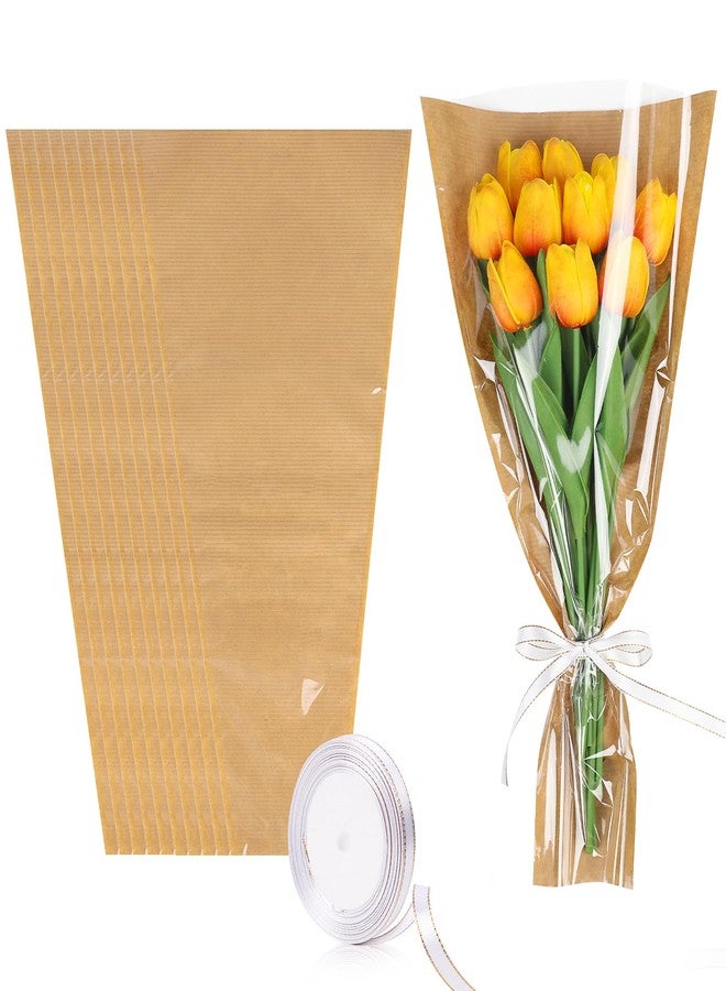 STEFORD 50Pcs Flower Bags for Bouquets Kraft Floral Sleeves Wrapping Paper with Ribbons for Mother's Day, Wedding, Birthday Graduation Florist Wrap Supplies, 9.8x17.9 Inch - Image 1